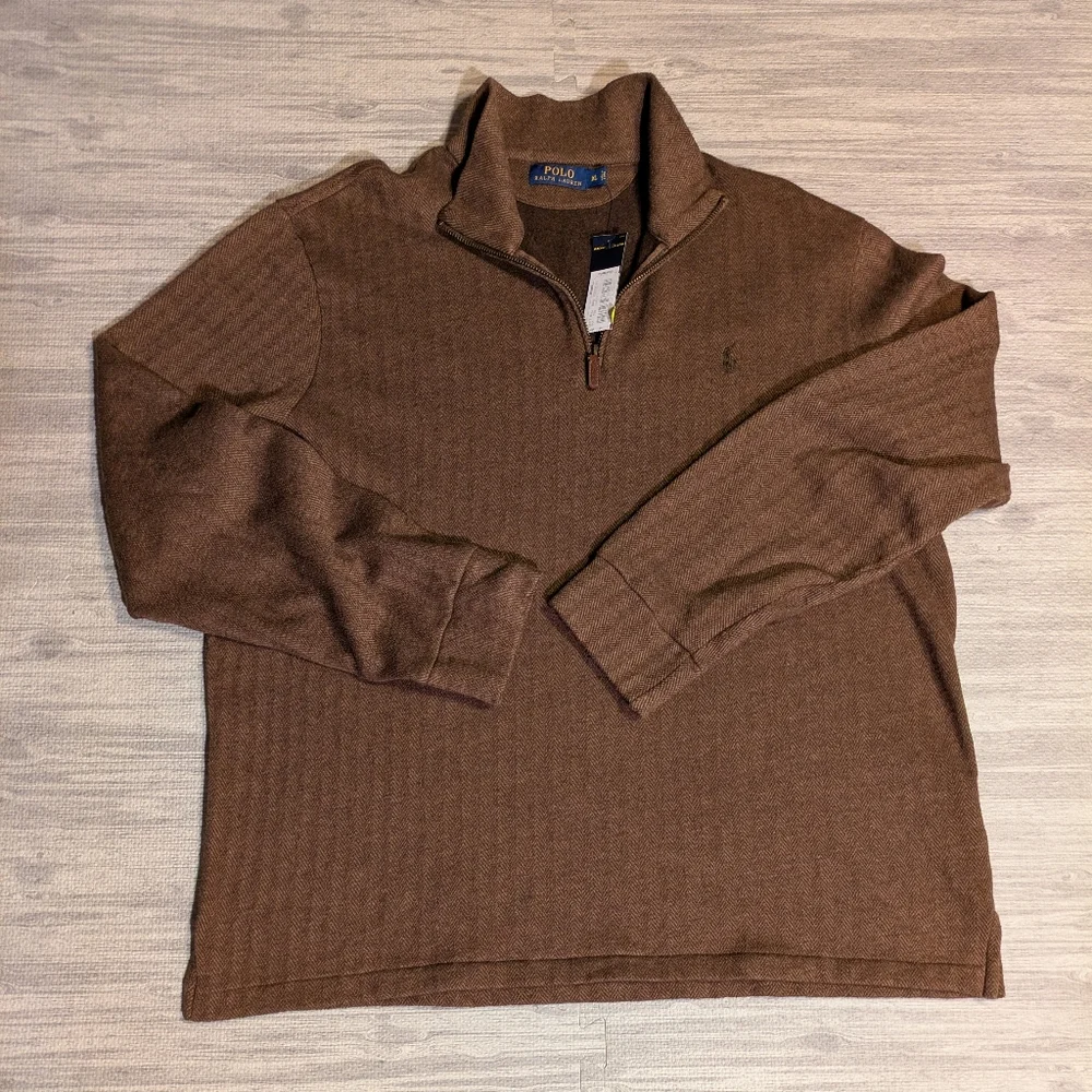NWT Men's Polo Ralph Lauren Brown Herringbone 1/4 Zip Pullover, Cotton, CasualXL